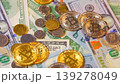 Background with US Dollar and Euro bills, BTC bitcoins rotating 139278049
