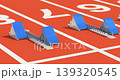 Camera moving along row of starting blocks on the athletic tracks - 3D animation 139320545