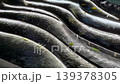 Flowing water cascades over curved stone steps with shimmering highlights, gentle movement creating abstract wave patterns, natural texture and reflections conveying calm atmosphere and fluid motion 139378305