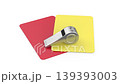 Football referee equipment: red and yellow cards and a metal whistle on a white background 139393003