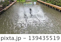water turbine aerator splashing water in canal to increase oxygen. Wastewater treatment machine working in outdoor pond, sustainable agriculture and environmental technology in Thailand 139435519