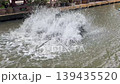 water turbine aerator splashing water in canal to increase oxygen. Wastewater treatment machine working in outdoor pond, sustainable agriculture and environmental technology in Thailand 139435520