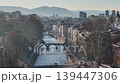 Sarajevo Miljacka river aerial drone flyover with bridges and skyline 139447306