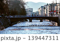 Sarajevo Miljacka river aerial drone flythrough under city bridge 139447311