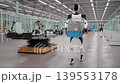 AI-powered Humanoid Robots Walking and Carrying Crates with Lithium-Ion Battery Modules in an Fully Automated Car Factory. Robotic Arms Assembling Electric Cars in the Background. 3d animation render 139553178