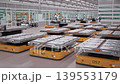 Rows of Lithium-Ion Battery Modules loaded on AGVs inside Fully Automated Modern Car Factory. AI-powered Humanoid Robots and Robotic Arms Assembling Electric Cars in Background. 3d Animation Render 139553179