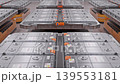 Close-up Dolly-out of Rows of Lithium-Ion Battery Modules loaded on AGVs inside Fully Automated Modern Autonomous Electric Car Factory. Future Automotive Manufacturing Process. 3d Animation Render 139553181