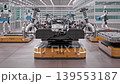 Crane shot of Electric Car Chassis loaded on AGVs in Fully Automated Modern Autonomous Electric Car Factory. AI-powered Humanoid Robots and Robotic Arms  in Background. 3d Animation Render 139553187