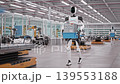 AI-powered Humanoid Robot Walking and Carrying Crates with Lithium-Ion Battery Modules in an Fully Automated Car Factory. Robotic Arms Assembling Electric Cars in the Background. 3d animation render 139553188