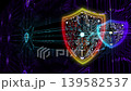 This vibrant digital shield design illustrates cybersecurity concepts with intricate circuitry patterns. Ideal for technology-related projects focused on protection and data security. 139582537