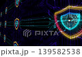 A striking digital illustration of a shield symbolizing cybersecurity, featuring vibrant neon colors and intricate circuit patterns, ideal for technology-related themes. 139582538