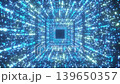 Futuristic blue technology tunnel with glowing particles. Abstract digital data corridor for high-tech background. 139650357