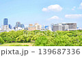 Osaka's skyline as seen from Osaka Castle, cloud movement, time-lapse. 139687336