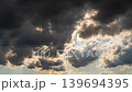 Sunset sky shining in orange tones behind dark moving cloud layers 139694395