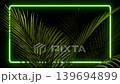 Neon palm leaves frame a glowing green rectangle in a seamless loop 139694899