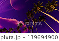 Purple sky with ringed planet and palm trees in seamless loop 139694900