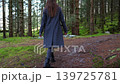 Woman Hiking Along Peaceful Forest Path in Nordic Woodland 139725781
