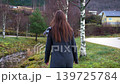 Woman Walking Through Birch Forest in Peaceful Nordic Nature 139725784