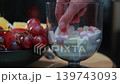 Colorful Marshmallows In Glass Beside Fresh Grapes, close up dessert video frame with soft focus, fruit and sweet pastel candy 139743093