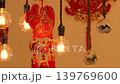 Traditional Chinese New Year decoration with the character meaning fortune and good luck in English. Red and gold ornament hanging with glowing light bulbs creates festive atmosphere. 139769600