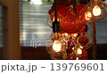 Traditional Chinese New Year decoration with the character meaning fortune and good luck in English. Red and gold ornament hanging with glowing light bulbs creates festive atmosphere. 139769601
