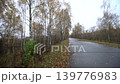 A walk takes place on a smooth path surrounded by trees with leaves on the ground during cool weather and cloudy skies. 139776983
