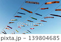Koinobori carp and garden eel streamers swaying in the wind during spring festival in Tokyo near Tokyo Skytree. Colorful traditional Japanese fish flags hanging on ropes against clear blue sky. 139804685