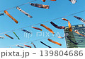 Koinobori carp and garden eel streamers swaying in the wind during spring festival in Tokyo near Tokyo Skytree. Colorful traditional Japanese fish flags hanging on ropes against clear blue sky. 139804686