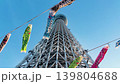 Colorful carp streamers known as koinobori flutter in the wind against a blue sky. The famous Tokyo Skytree tower stands tall in the background of this low angle shot.  139804688