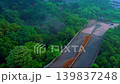 Aerial Drone Shot of a Bridge Road in the Middle of a Green Forest with Morning Mist 139837248
