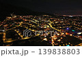 Tranquil coastal city at night, aerial panorama of illuminated streets and shoreline, soft golden lights 139838803