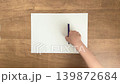 A child's hand holding a purple pen placed on a blank sheet of paper (overhead view). 139872684