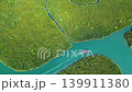 Aerial top view of tropical river in jungle and small boat 139911380
