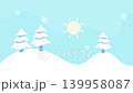 An animation depicting a winter atmosphere featuring snowy mountains, frozen pine trees, snowflakes, and a soft bright sun. Winter solstice theme. Simple animation. Motion graphic. 139958087
