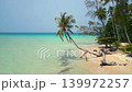 Aerial view of tropical beach with leaning palm trees and turquoise ocean water on Koh Kood island in Thailand. 139972257