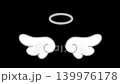 Animated image of a halo and flapping angel wings against a black background. 139976178