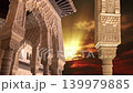 Arches in Islamic (Moorish)  style (against the sunset) in Alhambra, Granada, Spain. 4K, time lapse  139979885
