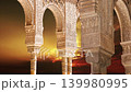 Arches in Islamic (Moorish)  style (against the sunset) in Alhambra, Granada, Spain. 4K, time lapse    139980995
