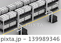 Autonomous forklifts removing pallets with boxes from shelves and placing them back, 3d render 139989346