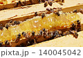 Beekeeper holds honeycomb sweet nectar filled with bees at clear sunny day 140045042