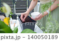Woman sows seeds by hand in black planter filled with dark soil at outdoor gardening table. Concept of container gardening and growing plants 140050189