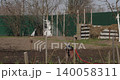 Automatic rotating sprinkler watering a freshly plowed vegetable garden with young shoots on a sunny spring day, preparing the soil for future planting and promoting healthy plant growth. 140058311