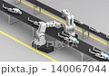 Robotics manufacturing concept. Stylized loopable animation of two robotic hands connecting a leg to a humanoid robot on a conveyor belt, moving and then welding. 140067044