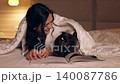 Loving mother reading a book to her little daughter before bed. The happy family is lying together under a warm blanket in a cozy bedroom 140087786