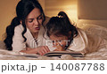 Young mother reading a book to her cute little daughter before bedtime. Happy family lying in bed, laughing and hugging tenderly 140087788