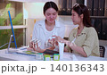 Two asian woman discussing cosmetic tube packaging sitting at modern home office. 140136343