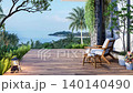 Animation of modern contemporary style wooden terrace with sea view surrounded by tropical style garden 3d render 140140490