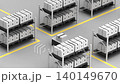 Warehouse automation concept. Stylized 3D animation of many AGVs moving between shelves and passing each other when crossing. 140149670