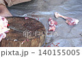 Butcher cuttingButcher cutting raw meat on a wooden chopping block	 raw meat on a wooden chopping block	 140155005