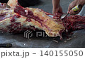 Butcher cuttinButcher cutting raw fresh meat on a wooden board on the ground	g raw fresh meat on a wooden board on the ground	 140155050